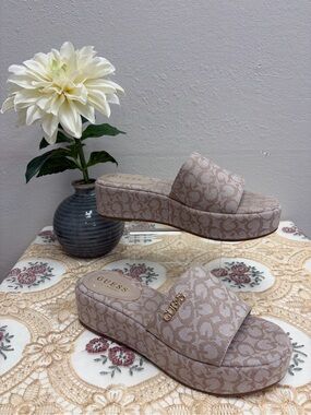 Guess Beige Logo Platform Slide Mules